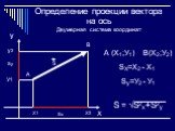 Определение проекции вектора на ось Двумерная система координат. y Х1 Х2 У1 y2. А (Х1;У1) В(Х2;У2) SХ=Х2 - Х1 Sу=У2 - У1 S = √S2х+S2у. Sу