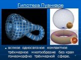 Гипотеза Пуанкаре. всякое односвязное компактное трёхмерное многообразие без края гомеоморфно трёхмерной сфере.