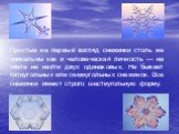 Простые на первый взгляд снежинки столь же уникальны как и человеческая личность — на свете не найти двух одинаковых. Не бывает пятиугольных или семиугольных снежинок. Все снежинки имеют строго шестиугольную форму.