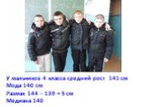 У мальчиков 4 класса средний рост 141 см Мода 140 см Размах 144 – 139 = 5 см Медиана 140