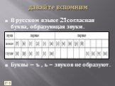 В русском языке 21 согласная буква, образующая звуки. Буквы – ъ , ь – звуков не образуют.