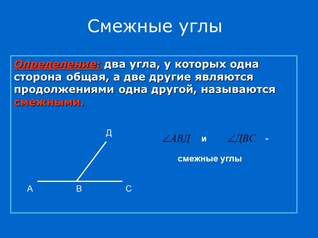 Смежные углы. Два угла у которых одна сторона общая. Два смежных угла. Смежными называются два угла у которых одна сторона общая.