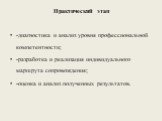 Практический этап. -диагностика и анализ уровня профессиональной компетентности; -разработка и реализация индивидуального маршрута сопровождения; -оценка и анализ полученных результатов.