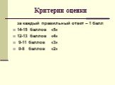 Критерии оценки. за каждый правильный ответ – 1 балл 14-15 баллов «5» 12-13 баллов «4» 9-11 баллов «3» 0-8 баллов «2»