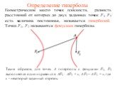 Определение гиперболы. Геометрическое место точек плоскости, разность расстояний от которых до двух заданных точек F1, F2 есть величина постоянная, называется гиперболой. Точки F1, F2 называются фокусами гиперболы. Таким образом, для точек А гиперболы с фокусами F1, F2 выполняется одно из равенств: 