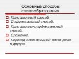 Основные способы словообразования. Приставочный способ Суффиксальный способ. Приставочно-суффиксальный способ. Сложение. Переход слов из одной части речи в другую