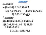 1 вариант а) (6-4,94) ∙2,5-2,35=0,3 1)6-4,94=1,06 2)1,06∙2,5=2,65 3) 2,65-2,35=0,3 2 вариант б)0,18∙(8,2+3,75)-1,051=1,1 8,2+3,75=11,95 2) 11,95-1,051=2,151 3)2,151-1,051=1,1