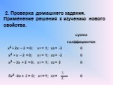 2. Проверка домашнего задания. Применение решения к изучению нового свойства. сумма коэффициентов х2 + 2х – 3 = 0; х1 = 1; х2 = -3 0 х2 + х – 2 = 0; х1 = 1; х2 = -2 0 х2 – 3х + 2 = 0; х1 = 1; х2 = 2 0 5х2 -8х + 3 = 0; х1 = 1; х2 = 0