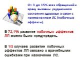 От 3 до 15% всех обращений к врачу вызваны ухудшением состояния здоровья в связи с применением ЛС (побочные эффекты). В 72,1% развитие побочных эффектов ЛП можно было предупредить. В 1/3 случаев развитие побочных эффектов ЛП связано с врачебными ошибками при назначении ЛС.