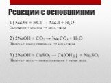 Реакции с основаниями. 1) NaOH + HCl → NaCl + H2O Основание + кислота → соль +вода 2) 2NaOH + CO2 → Na2CO3 + H2O Щёлочь + оксид неметалла → соль +вода 3) 2NaOH + CuSO4 → Cu(OH)2↓ + Na2SO4 Щёлочь + соль → новое основание + новая соль