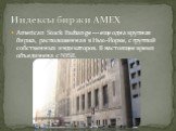 American Stock Exchange — еще одна крупная биржа, расположенная в Нью-Йорке, с группой собственных индикаторов. В настоящее время объединена с NYSE. Индексы биржи AMEX