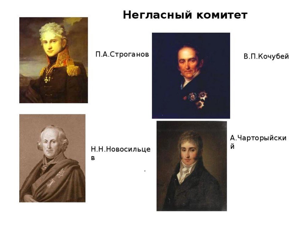 В негласный комитет входили 1. Строганов Новосильцев Кочубей негласный комитет.