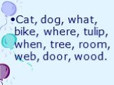 Cat, dog, what, bike, where, tulip, when, tree, room, web, door, wood.