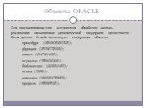 Объекты ORACLE. Для программирования алгоритмов обработки данных, реализации механизмов динамической поддержки целостности базы данных Oracle используют следующие объекты: -процедура (PROCEDURE); -функция (FUNCTION); -пакет (PACKAGE); -триггер (TRIGGER); -библиотеки (LIBRARY); -типы (TYPE); -каталог