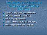 Произведения, написанные в Михайловском с 1824 по 1826 годы: Пролог к «Руслану и Людмиле», трагедия «Борис Годунов», поэма «Граф Нулин», III-VI главы «Евгения Онегина», автобиографические записки.