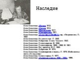 Наследие. Анна Ахматова. «Вечер» 1912. Анна Ахматова. «Четки» 1914. Анна Ахматова. «Белая стая» 1917. Анна Ахматова. «Подорожник» 1921. Анна Ахматова. «Anno Domini MCMXXI» изд. «Петрополис», П., 1922. Анна Ахматова. Из шести книг. Л. 1940. Анна Ахматова. Избранное. Стихи. Ташкент. 1943. Анна Ахматов