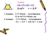 Ответы: AB+CD=BC+AD S=p*r r = S:P 1 команда: 1) P=36(cм) – полупериметр 2) S=36*15=540(кв.см) 2 команда: 1) P=30(cм) – полупериметр 2) r = S:P = 108:30 = 3,6см. D
