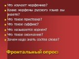 Фронтальный опрос: Что изучает морфемика? Какие морфемы русского языка вы знаете? Что такое приставка? Что такое суффикс? Что называется корнем? Что такое окончание? Зачем надо знать состав слова?