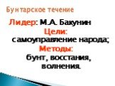 Лидер: М.А. Бакунин Цели: самоуправление народа; Методы: бунт, восстания, волнения. Бунтарское течение