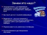 Зачем это надо? Упорядочение и систематизация электронных учебно-методических материалов преподавателя, кафедры, вуза Быстрый доступ к нужной информации Возможность распространения и публикации (полностью или выборочно), создания сайта преподавателя или кафедры Переносимость на различные платформы И