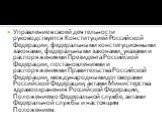 Управление в своей деятельности руководствуется Конституцией Российской Федерации, федеральными конституционными законами, федеральными законами, указами и распоряжениями Президента Российской Федерации, постановлениями и распоряжениями Правительства Российской Федерации, международными договорами Р