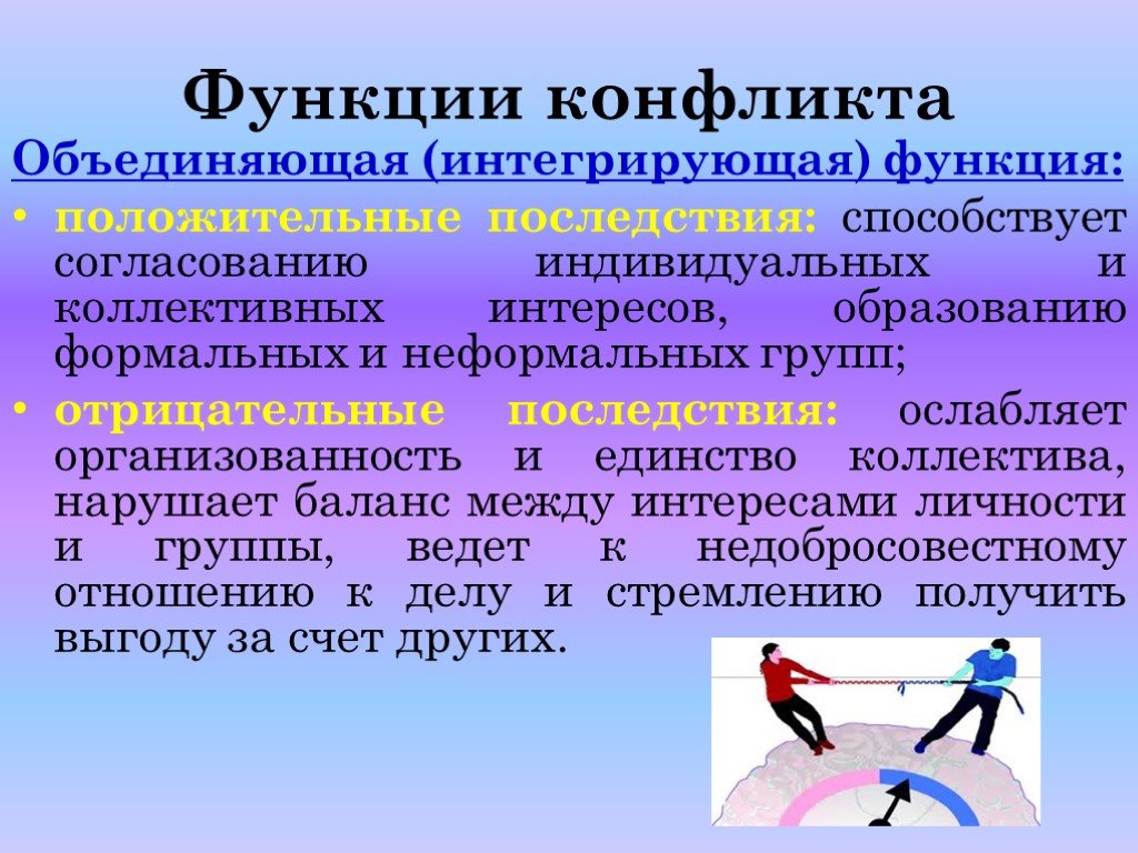 Возможность положительный. Интегрирующая функция конфликта. Функции конфликта в психологии. Профилактическая функция конфликта.