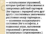 — использование упражнений, которые требуют согласованных и синхронных действий партнеров (бег парами с передачей мяча друг другу с постепенным увеличением расстояния между партнерами ; — изменение эмоционального состояния (бег в эстафетах, в подвижных играх, выполнение упражнений с речитативами, му