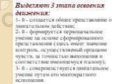 Выделяют 3 этапа освоения движения: 1- й - создается общее представление о двигательном действии; 2- й - формируется первоначальное умение на основе сформированного представления (здесь имеет значение контроль, осуществляемый органами чувств, за точностью выполнения и соответствие имеющемуся эталону