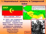 В 1920 г. при поддержке Красной Армии на территории Средней Азии были созданы Бухарская и Хивинская народные республики. Практически сразу началось противостояние с басмачами. Басмачи. Флаг и территория БНСР