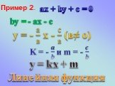 у = kx + m Линейная функция. K = - ? ? и m = - ? ? Пример 2. ax + by + c = 0 by = - ax - c