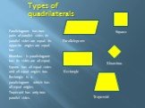 Types of quadrilaterals. Parallelogram has two pairs of parallel sides. Its parallel sides are equal. Its opposite angles are equal too. Rhombus is parallelogram too. Its sides are all equal. Square has all equal sides and all equal angles too. Rectangle is a parallelogram which has all equal angles