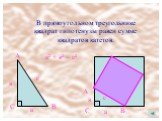 В прямоугольном треугольнике квадрат гипотенузы равен сумме квадратов катетов. А С а в В с а² + в² = с²