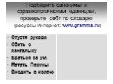 Подберите синонимы к фразеологическим единицам, проверьте себя по словарю (ресурсы Интернет: www.gramma.ru). Спустя рукава Сбить с панталыку Браться за ум Метать Перуны Входить в колею