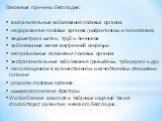 Основные причины бесплодия: воспалительные заболевания половых органов недоразвитие половых органов (инфантилизм и гипоплазия) эндометриоз матки, труб и яичников заболевание желез внутренней секреции неправильные положения половых органов экстрагенитальные заболевания (ревматизм, туберкулез и др.) н