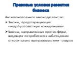 Антимонопольное законодательство: Законы, предотвращающие «недобросовестную конкуренцию» Законы, направленные против фирм, вводящих потребителя в заблуждение относительно выпускаемых ими товаров