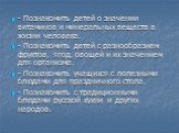 - Познакомить детей о значении витаминов и минеральных веществ в жизни человека. - Познакомить детей с разнообразием фруктов, ягод, овощей и их значением для организма. - Познакомить учащихся с полезными блюдами для праздничного стола. - Познакомить с традиционными блюдами русской кухни и других нар