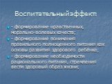 Воспитательный эффект: - формирование нравственных, морально-волевых качеств; - формирование понимания правильного полноценного питания как основы развития здорового ребёнка; - формирование необходимости рационального питания, стремления вести здоровый образ жизни;