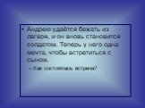 Андрею удаётся бежать из лагеря, и он вновь становится солдатом. Теперь у него одна мечта, чтобы встретиться с сыном. Как состоялась встреча?