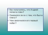 Как получилось, что Андрей попал в плен? Смирился ли он с тем, что был в плену? Чем закончился его первый побег?