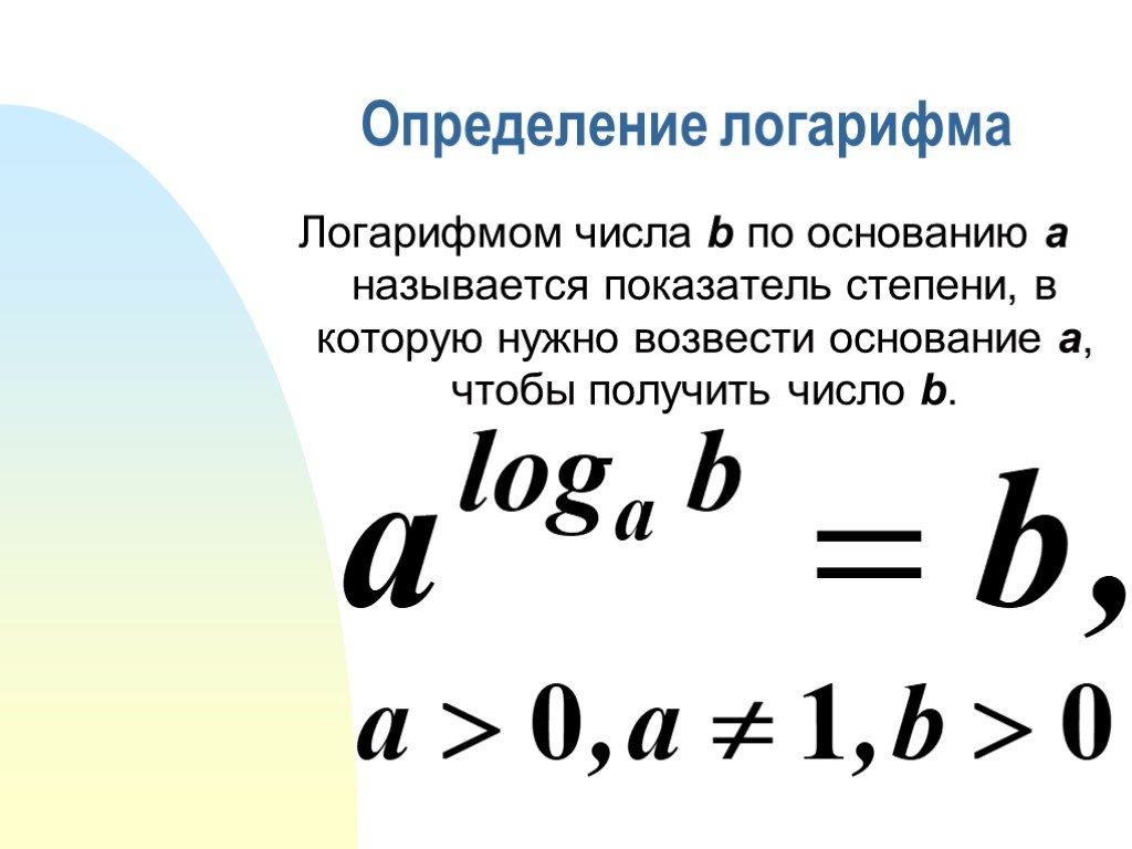 Логарифм числа. Логарифмом числа b по основанию a называется показатель степени. A В степени логарифм b по основанию a. Логарифм числа б по основанию а. Определение показателя степени логарифма.