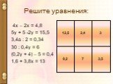 Решите уравнения: 4х – 2х = 4,8 5у + 5 -2у = 15,5 3,4а : 2 = 0,34 30 : 0,4у = 6 (0,2у + 4) – 5 = 0,4 1,6 + 3,8х = 13. 12,5 2,4 3 0,2 7 3,5