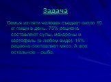 Задача. Семья из пяти человек съедает около 10 кг пищи в день. 75% рациона составляют супы, макароны и картофель (в любом виде). 15% рациона составляет мясо. А все остальное – рыба.