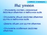 Мы умеем. Описывать состав и возможные действия объектов в табличном виде. Описывать общие свойства объектов группы в табличном виде. Давать общее имя группе объектов. Описывать особенные свойства объектов.