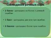 Соблюдение речевых норм. 2 балла – допущено не более 1 речевой ошибки. 1 балл – допущены две или три ошибки. 0 баллов – допущено более трех ошибок