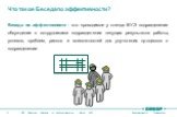 Что такое Беседа по эффективности? Беседа по эффективности - это проводимое у стенда ВУЭ подразделения обсуждение с сотрудниками подразделения текущих результатов работы, успехов, проблем, рисков и возможностей для улучшения процессов в подразделении