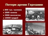 Потери армии Германии. 800 тыс. человек 2000 танков 3000 самолетов 10000 орудий