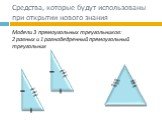 Модели 3 прямоугольных треугольников: 2 равных и 1 равнобедренный прямоугольный треугольник. Средства, которые будут использованы при открытии нового знания