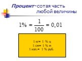 Процент- сотая часть любой величины. 1 кг= 1 % ц 1 см= 1 % м 1 коп.= 1 % руб.