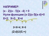 НАПРИМЕР: (х - 2)(х - 5)(х - 4) > 0 Нули функции:(х-2)(х-5)(х-4)=0 Х=2; Х=5; Х=4. 2 4 5 2