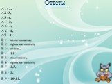 Ответы: А 1- 2, А2 -3, А3 -4, А 4 -2, А 5 -4, А 6 – 2, А7 – 1. В 1 –показывала, В 2 – прихватывает, В 3– идёшь, В 4 – 11, В 5 – выглядит, В 6 – прихватывает, В 7 – 2,3, В 8 – 2, В 9 – 10,11.